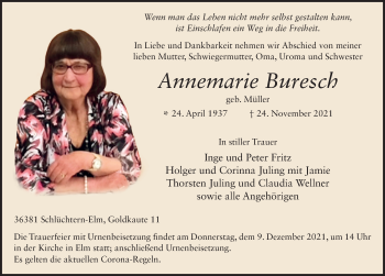 Traueranzeige von Annemarie Buresch von FZ
