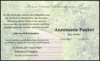 Traueranzeige von Annemarie Pauker von FZ