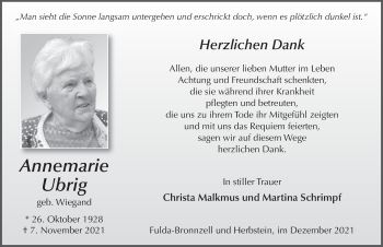 Traueranzeige von Annemarie Ubrig von FZ