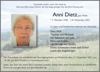 Traueranzeige von Anni Dietz von FZ