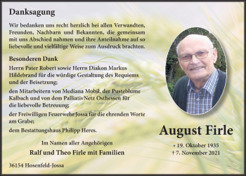 Traueranzeige von August Firle von FZ