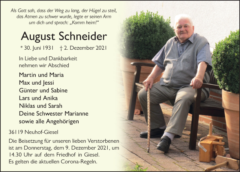 Traueranzeige für August Schneider vom 07.12.2021 aus FZ