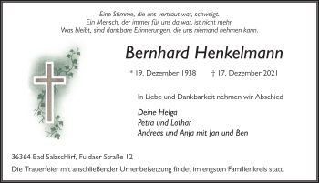 Traueranzeige von Bernhard Henkelmann von FZ