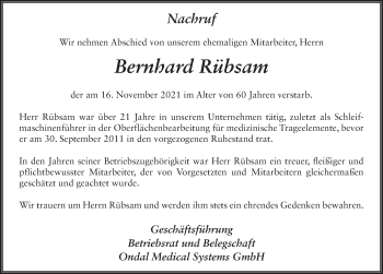 Traueranzeige von Bernhard Rübsam von FZ