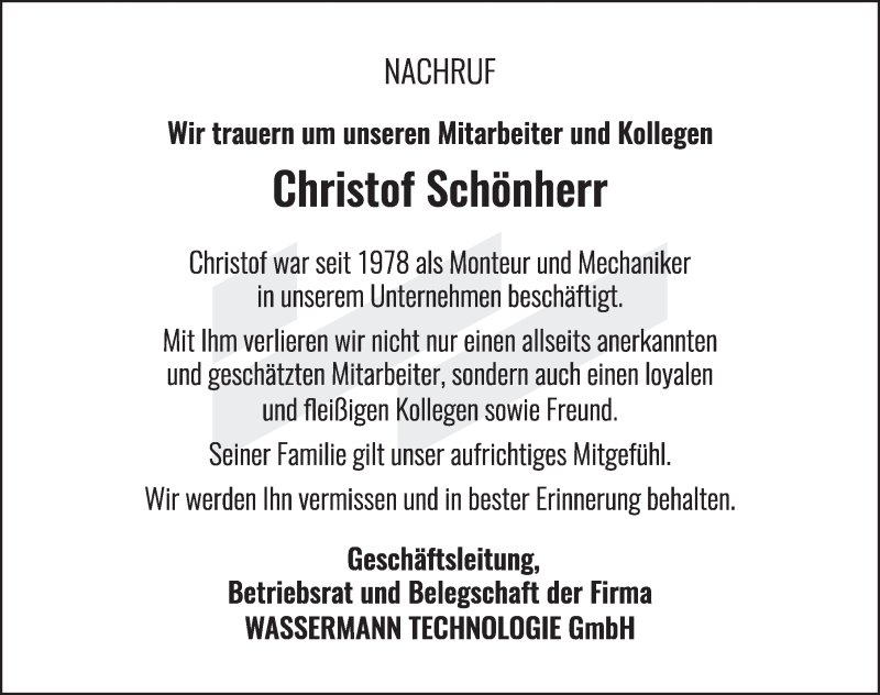  Traueranzeige für Christof Schönherr vom 06.12.2021 aus FZ