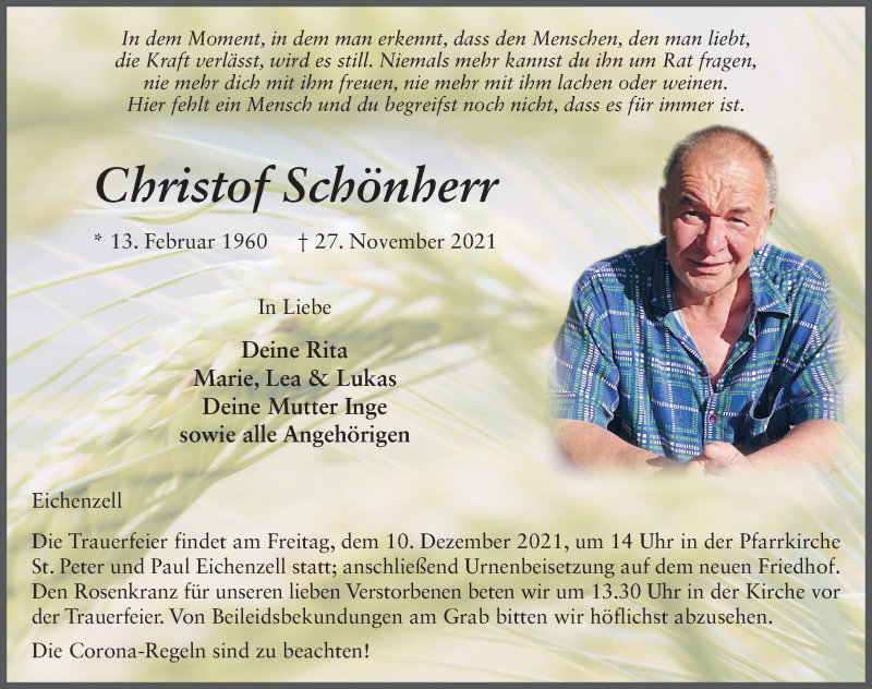  Traueranzeige für Christof Schönherr vom 06.12.2021 aus FZ