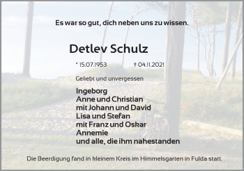 Traueranzeige von Detlev Schulz von FZ