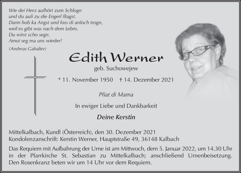  Traueranzeige für Edith Werner vom 30.12.2021 aus FZ