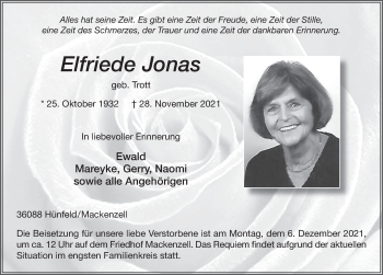 Traueranzeige von Elfriede Jonas von FZ