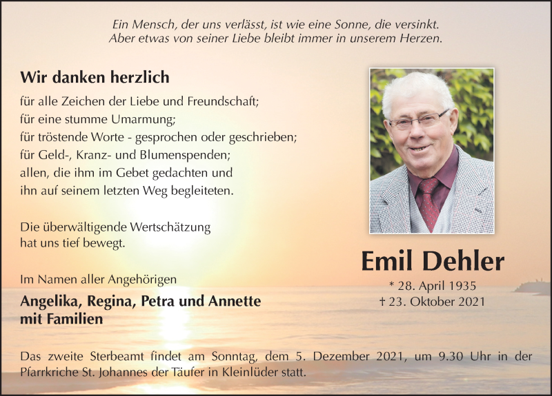  Traueranzeige für Emil Dehler vom 01.12.2021 aus FZ