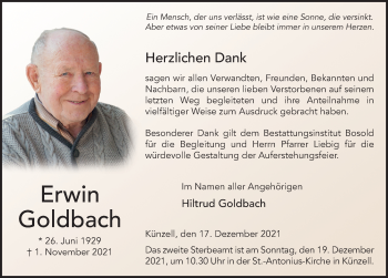 Traueranzeige von Erwin Goldbach von FZ