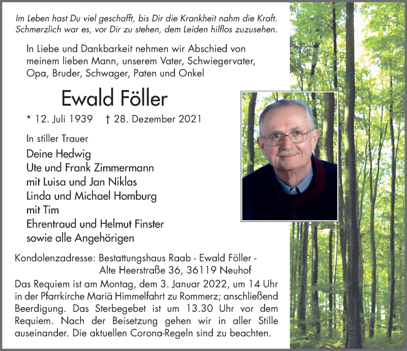  Traueranzeige für Ewald Föller vom 31.12.2021 aus FZ