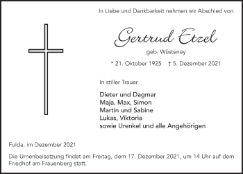 Traueranzeige von Gertrud Etzel von FZ