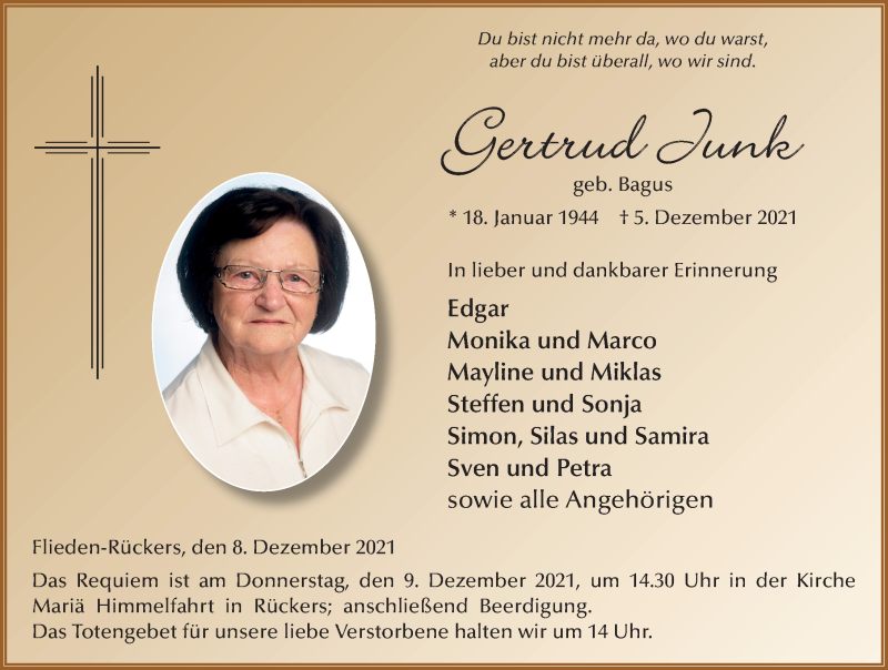  Traueranzeige für Gertrud Junk vom 08.12.2021 aus FZ