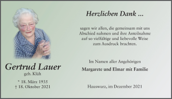 Traueranzeige von Gertrud Lauer von FZ