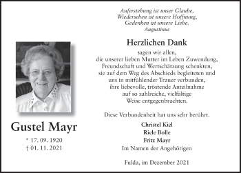Traueranzeige von Gustel Mayr von FZ