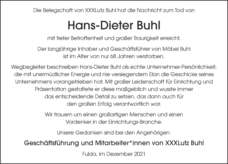  Traueranzeige für Hans-Dieter Buhl vom 02.12.2021 aus FZ