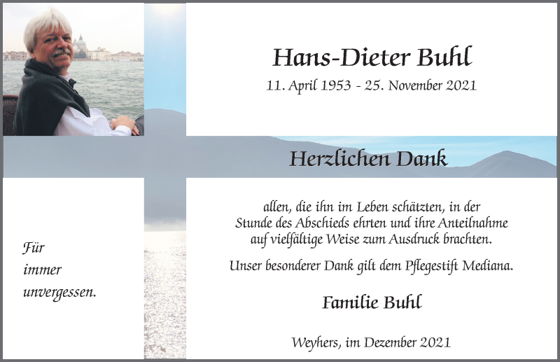  Traueranzeige für Hans-Dieter Buhl vom 18.12.2021 aus FZ