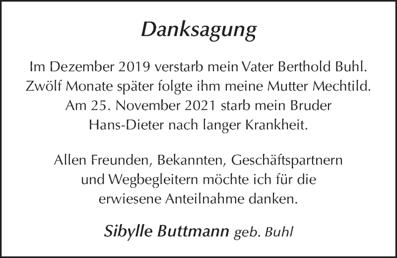  Traueranzeige für Hans-Dieter Buhl vom 22.12.2021 aus FZ