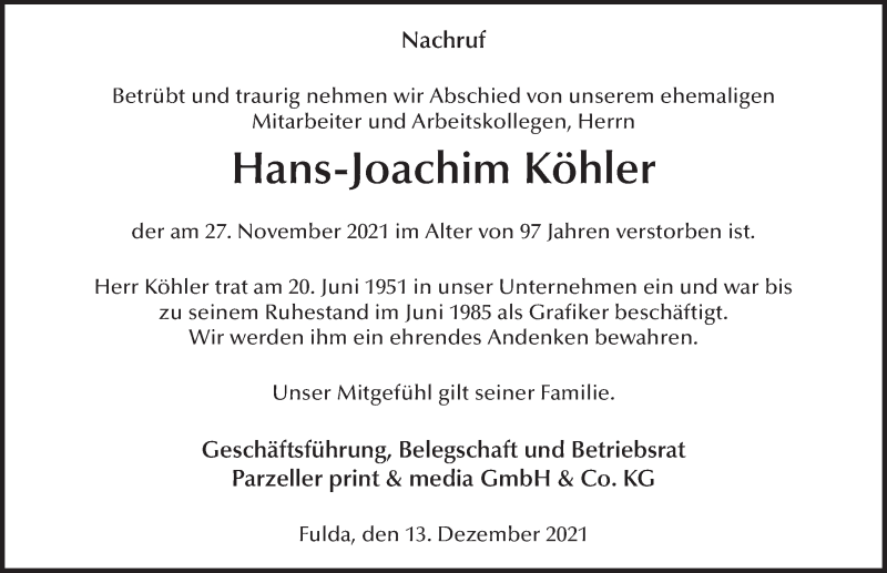  Traueranzeige für Hans-Joachim Köhler vom 13.12.2021 aus FZ