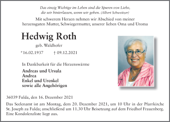 Traueranzeige von Hedwig Roth von FZ