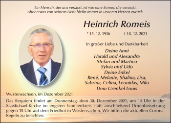 Traueranzeige von Heinrich Romeis von FZ