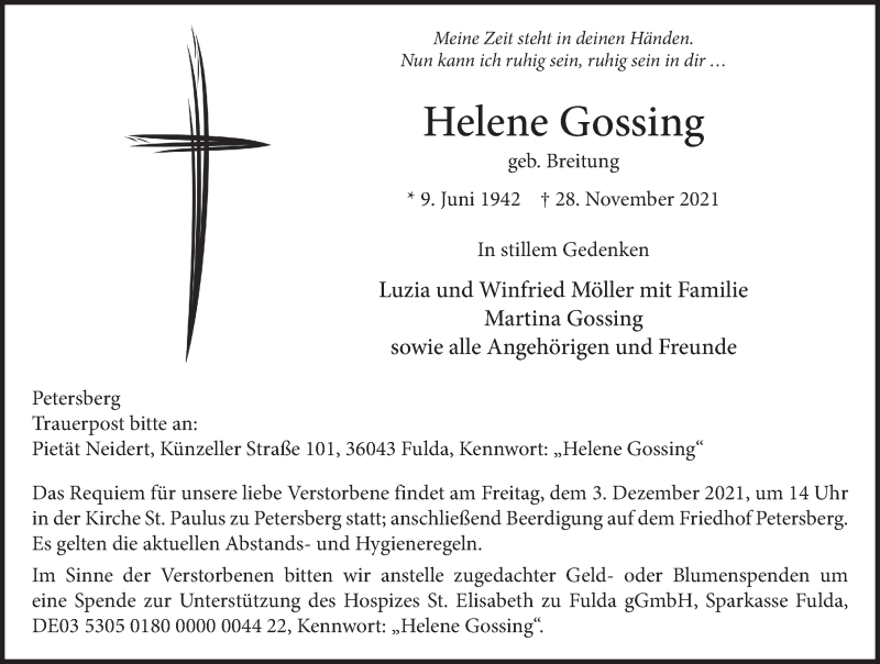  Traueranzeige für Helene Gossing vom 01.12.2021 aus FZ