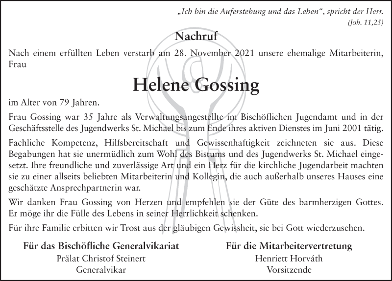  Traueranzeige für Helene Gossing vom 03.12.2021 aus FZ