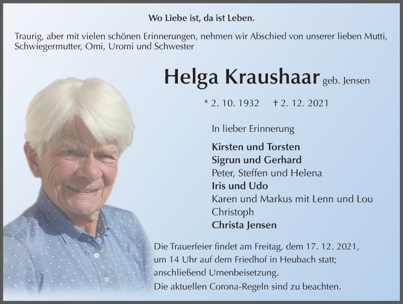 Traueranzeige für Helga Kraushaar vom 15.12.2021 aus FZ
