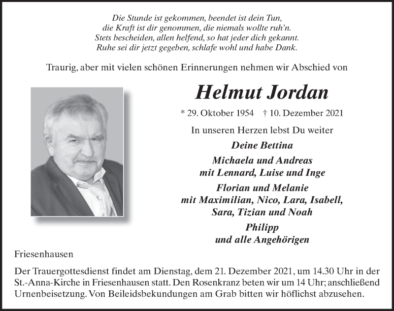 Traueranzeige für Helmut Jordan vom 18.12.2021 aus FZ