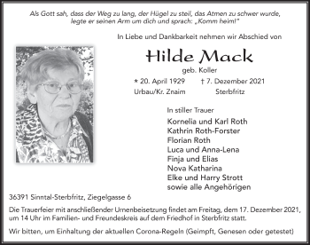 Traueranzeige von Hilde Mack von FZ
