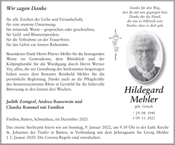 Traueranzeige von Hildegard Mehler von FZ