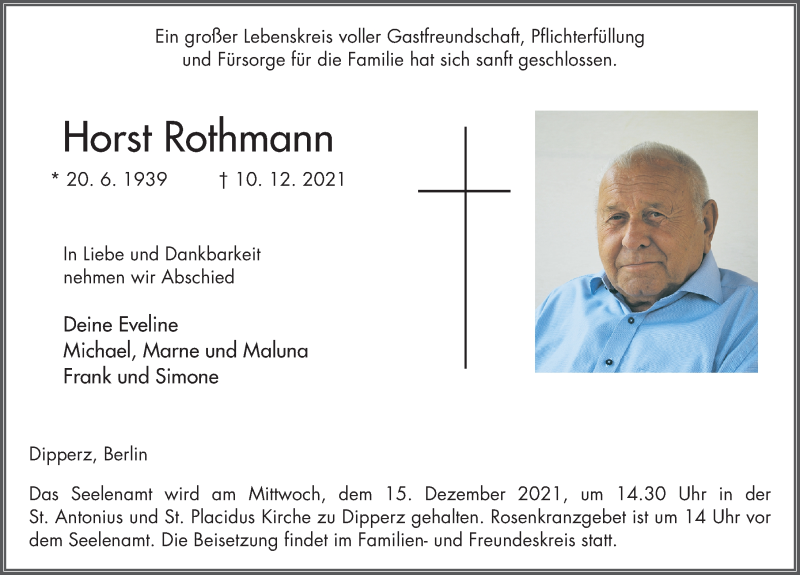  Traueranzeige für Horst Rothmann vom 13.12.2021 aus FZ