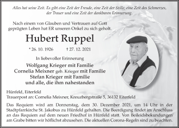 Traueranzeige von Hubert Ruppel von FZ