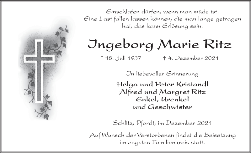  Traueranzeige für Ingeborg Marie Ritz vom 10.12.2021 aus FZ