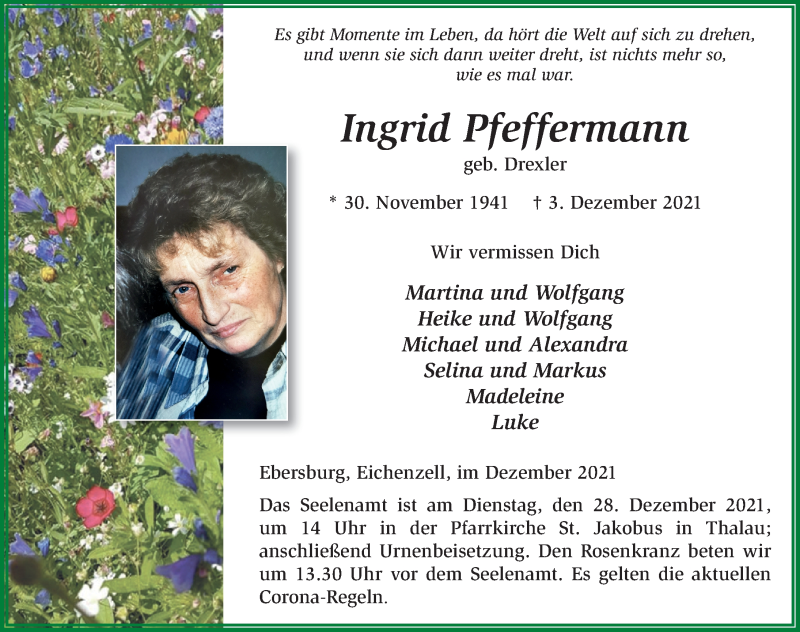  Traueranzeige für Ingrid Pfeffermann vom 18.12.2021 aus FZ