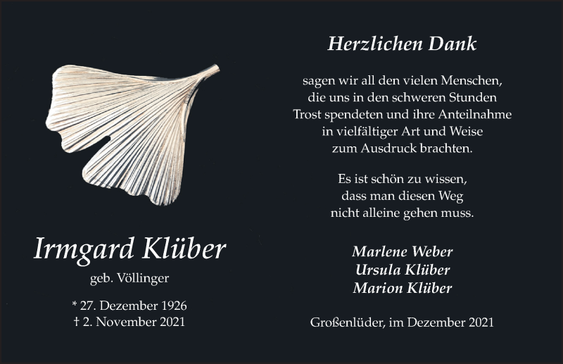  Traueranzeige für Irmgard Klüber vom 27.12.2021 aus FZ