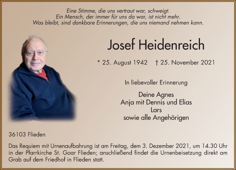  Traueranzeige für Josef Heidenreich vom 01.12.2021 aus FZ