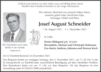 Traueranzeige von Josef August Schneider von FZ