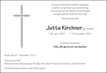 Traueranzeige von Jutta Kirchner von FZ