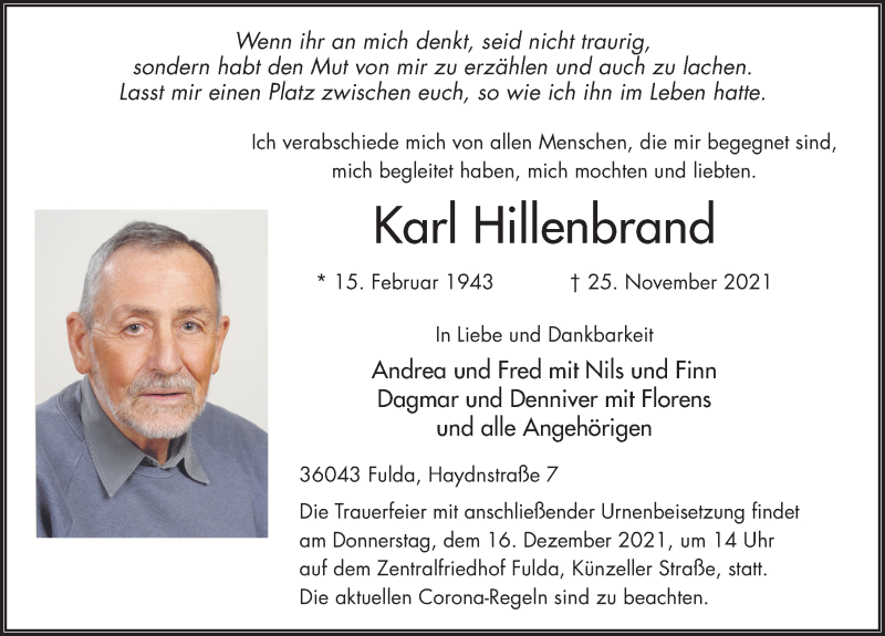  Traueranzeige für Karl Hillenbrand vom 06.12.2021 aus FZ