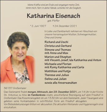 Traueranzeige von Katharina Eisenach von FZ