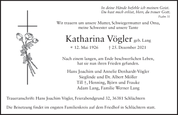 Traueranzeige von Katharina Vögler von FZ