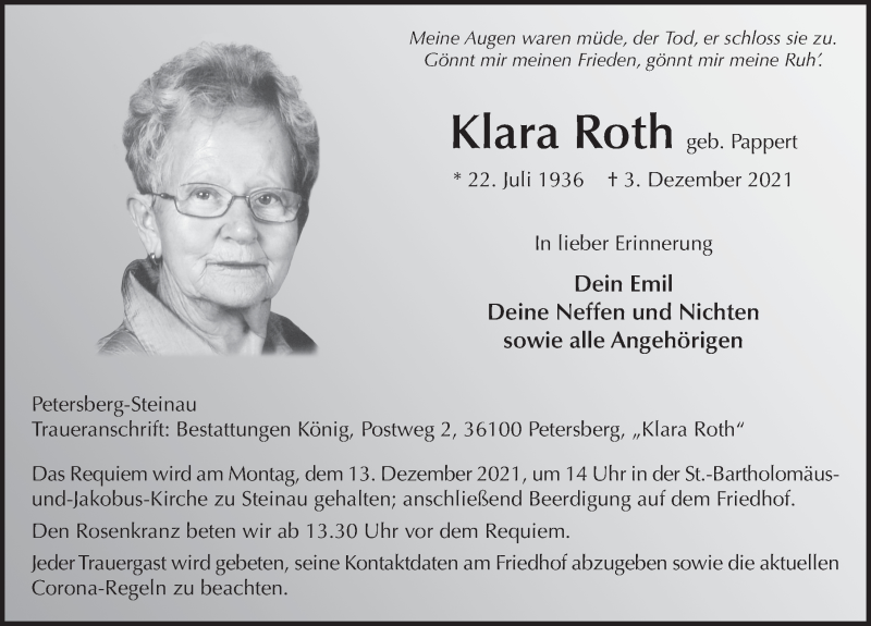  Traueranzeige für Klara Roth vom 09.12.2021 aus FZ