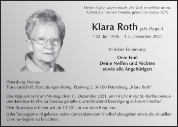 Traueranzeige von Klara Roth