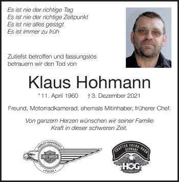 Traueranzeige von Klaus Hohmann von FZ