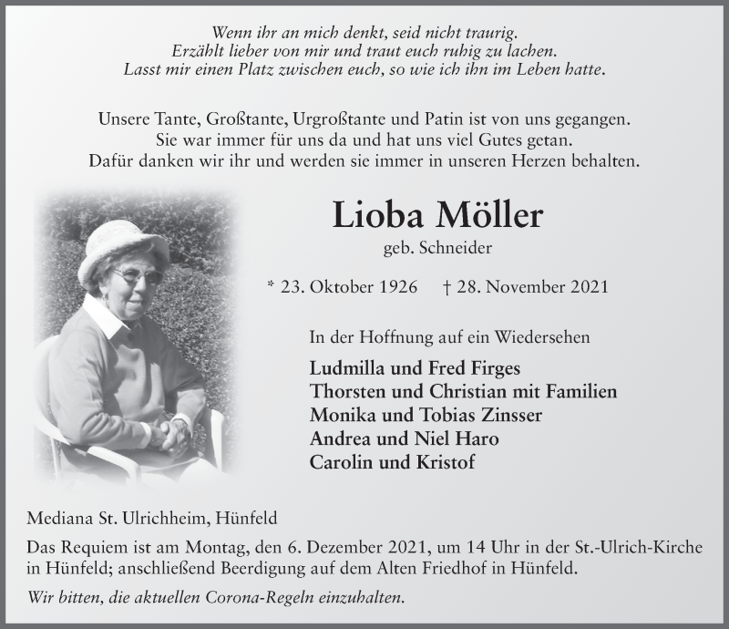  Traueranzeige für Lioba Möller vom 02.12.2021 aus FZ