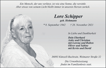 Traueranzeige von Lore Schipper von FZ