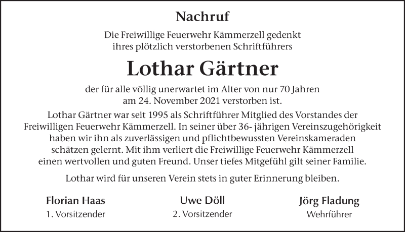  Traueranzeige für Lothar Gärtner vom 04.12.2021 aus FZ