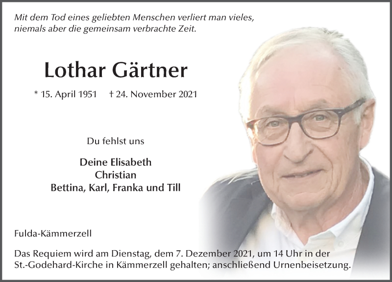  Traueranzeige für Lothar Gärtner vom 04.12.2021 aus FZ